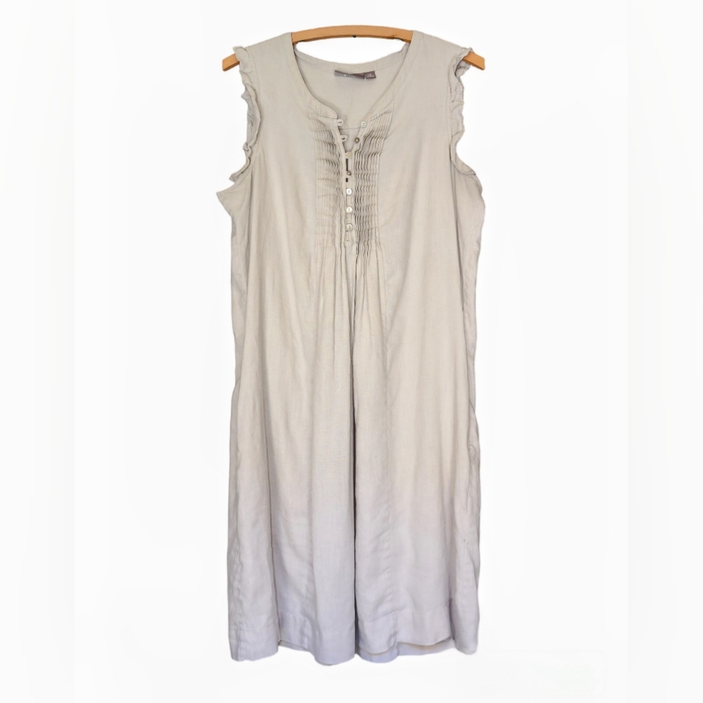 Sussan Linen Dress Sleeveless Ruffle Button Pleated Detail Beige Women's Size 12